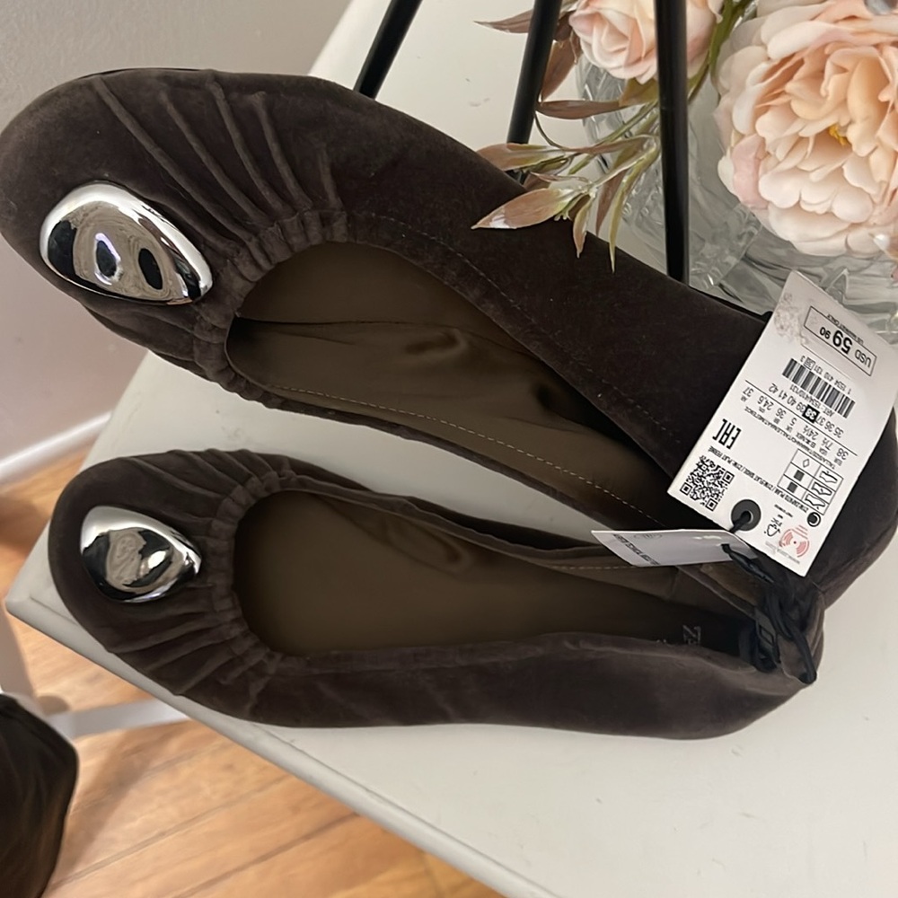 Zara Mushroom Beige Faux Suede Flats - Picture 2 of 11